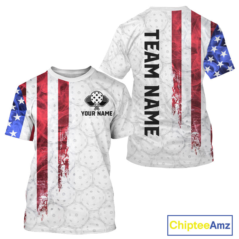Custom Smoke US Flag Patriotic Pickleball T-Shirt White Pickleball Ball Jerseys