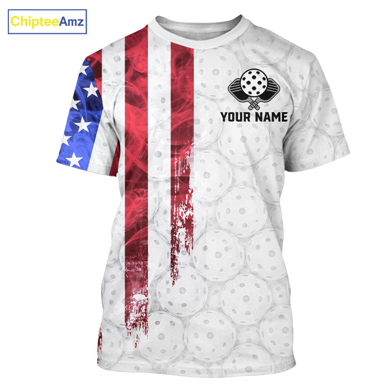 Custom Smoke US Flag Patriotic Pickleball T-Shirt White Pickleball Ball Jerseys