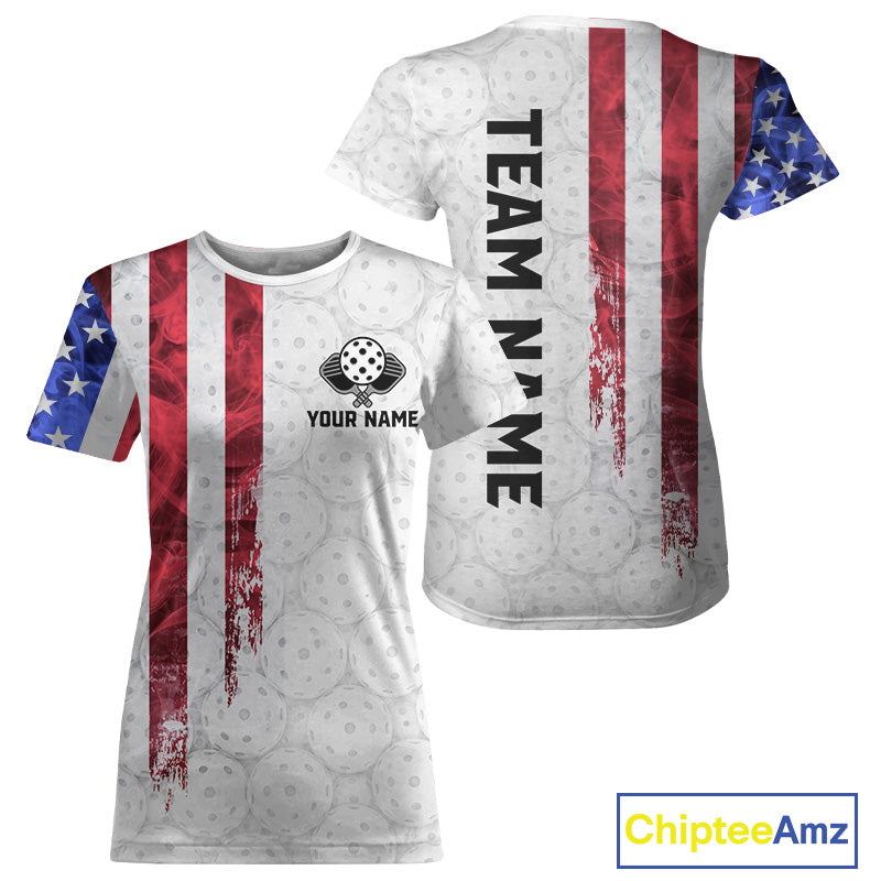 Custom Smoke US Flag Patriotic Pickleball T-Shirt White Pickleball Ball Jerseys