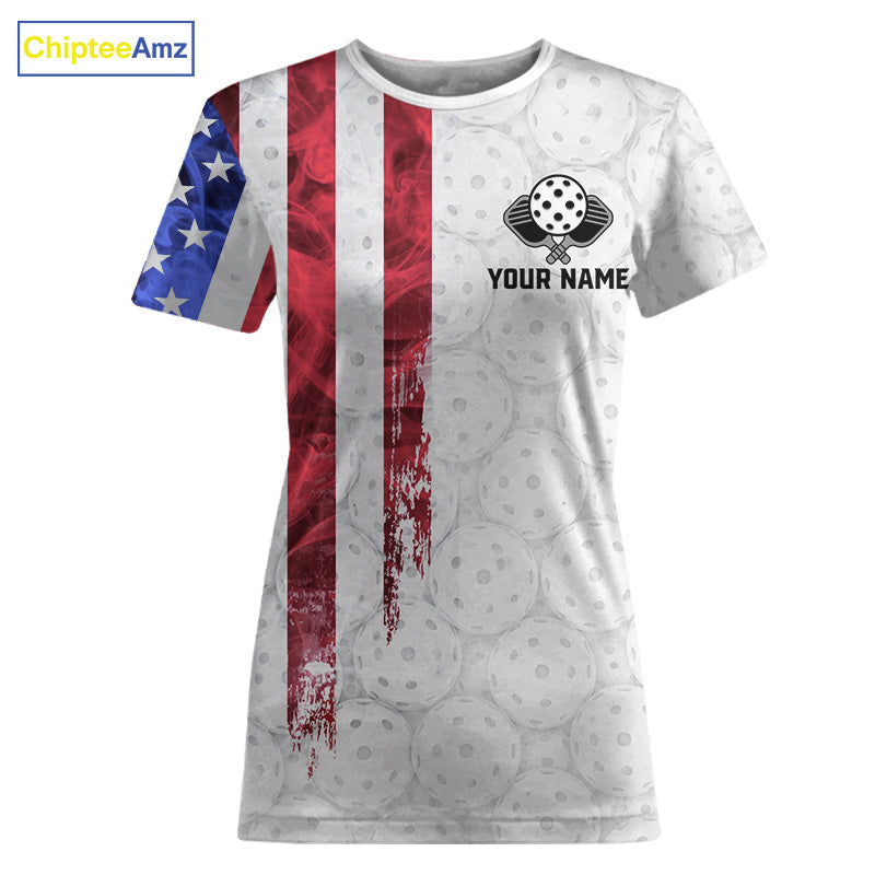 Custom Smoke US Flag Patriotic Pickleball T-Shirt White Pickleball Ball Jerseys