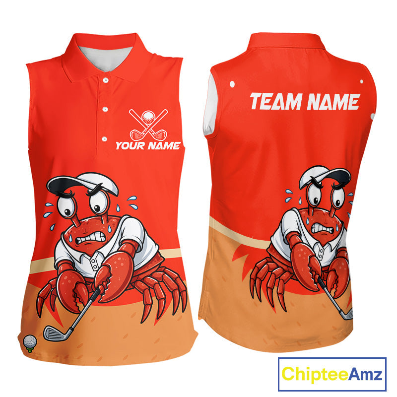 Custom Red Crab Sleeveless Golf Polo Shirt Personalized Crab Golfer Funny Golf Team Golf Apparel