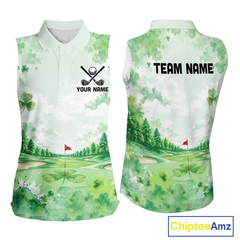 Golf Sleeveless Polo Shirt Personalized Shamrock Clover Golf Jersey St Patrick Golf Apparel Golf Gifts