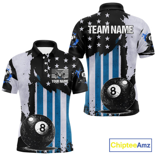 Patriotic Grunge Blue 8 Ball Billiard Polo & 1/4 Zip Shirt Custom Pool Billiard Jerseys