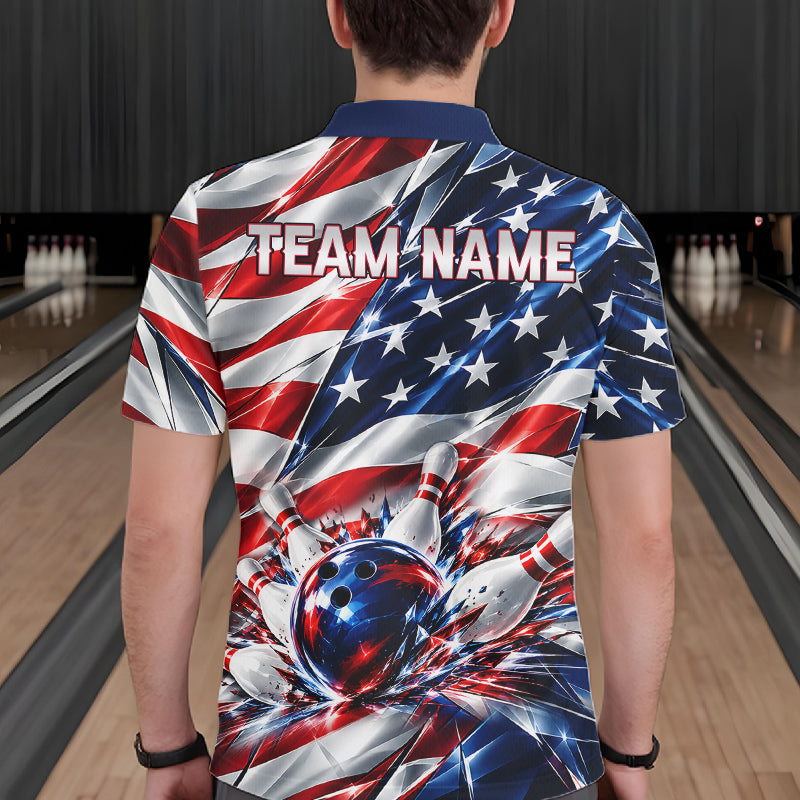 US Flag Broken Glass Bowling Shirt Custom Strike Patriotic Bowling Tournament Team Jersey