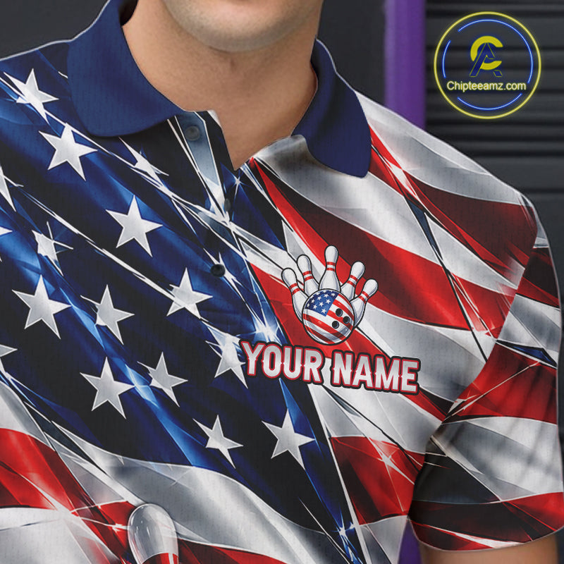 US Flag Broken Glass Bowling Shirt Custom Strike Patriotic Bowling Tournament Team Jersey