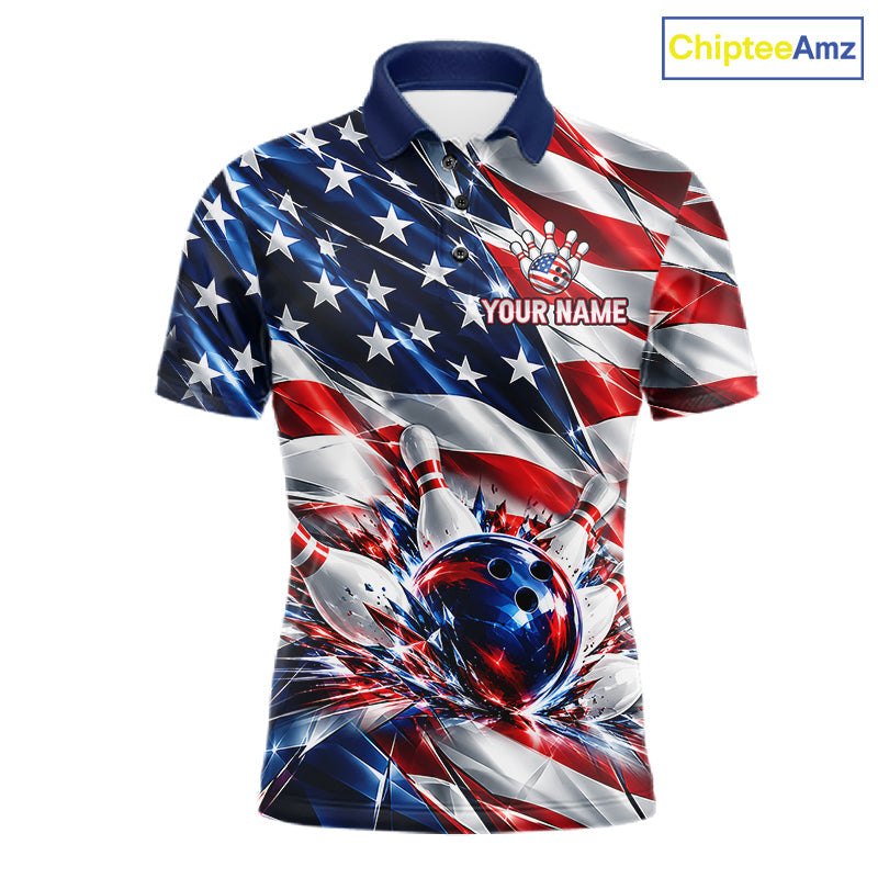 US Flag Broken Glass Bowling Shirt Custom Strike Patriotic Bowling Tournament Team Jersey
