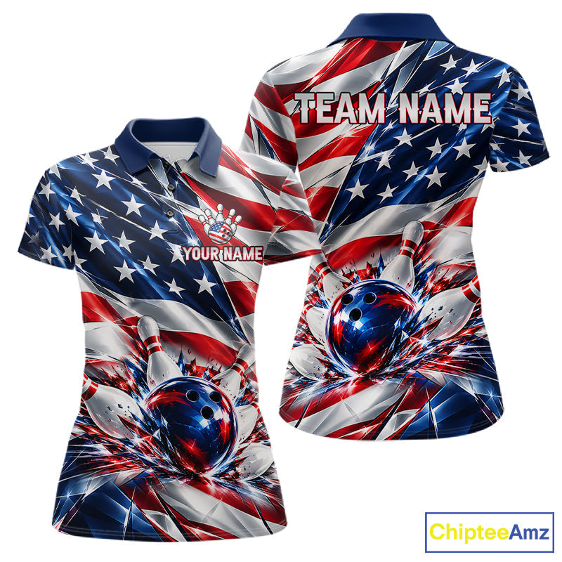 US Flag Broken Glass Bowling Shirt Custom Strike Patriotic Bowling Tournament Team Jersey