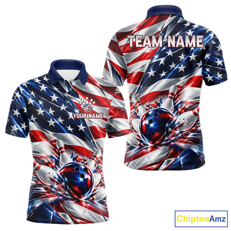 US Flag Broken Glass Bowling Shirt Custom Strike Patriotic Bowling Tournament Team Jersey