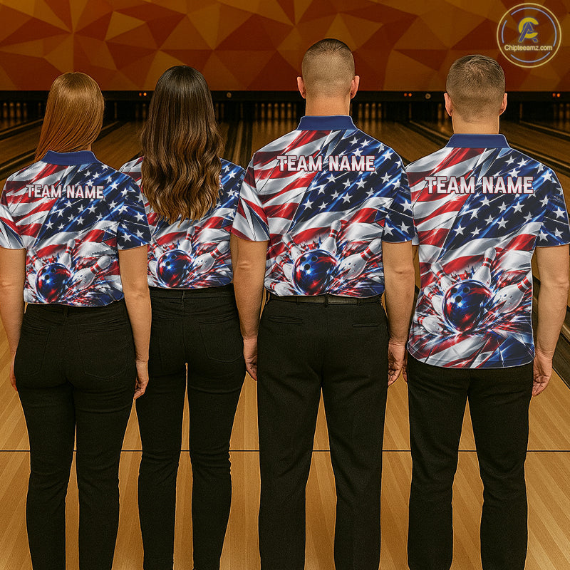 US Flag Broken Glass Bowling Shirt Custom Strike Patriotic Bowling Tournament Team Jersey