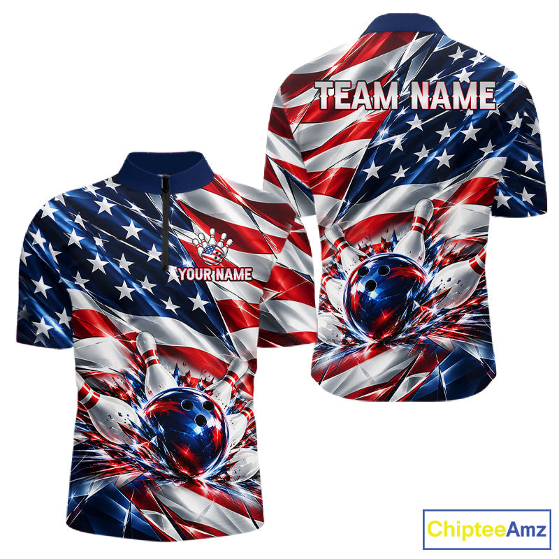 US Flag Broken Glass Bowling Shirt Custom Strike Patriotic Bowling Tournament Team Jersey