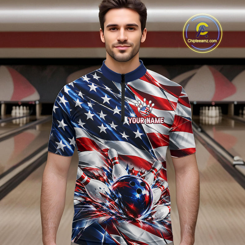 US Flag Broken Glass Bowling Shirt Custom Strike Patriotic Bowling Tournament Team Jersey