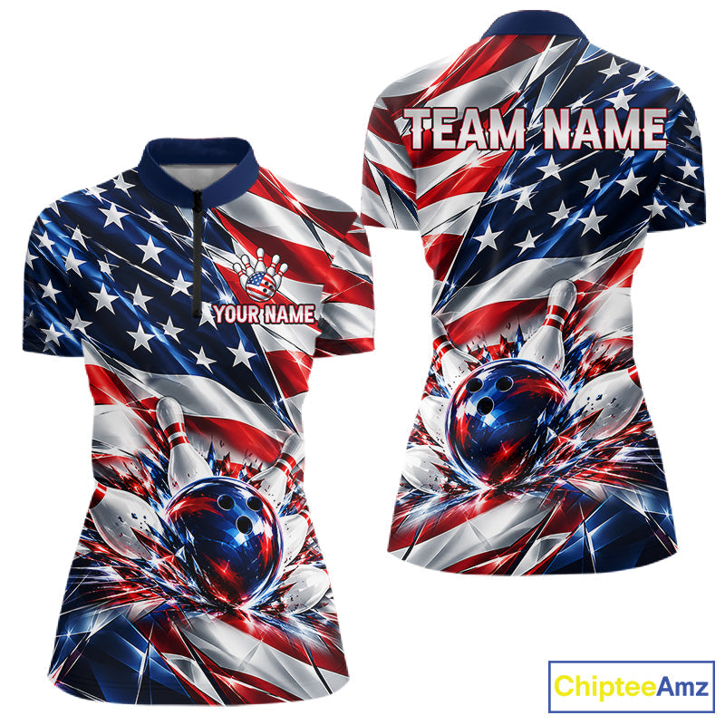 US Flag Broken Glass Bowling Shirt Custom Strike Patriotic Bowling Tournament Team Jersey
