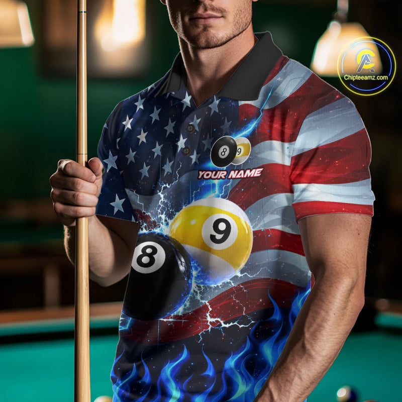 Custom 8 Ball 9 Ball Pool Billiards Polo 1/4-Zip Shirt Blue Flames Thunder US Flag Billiard Jersey