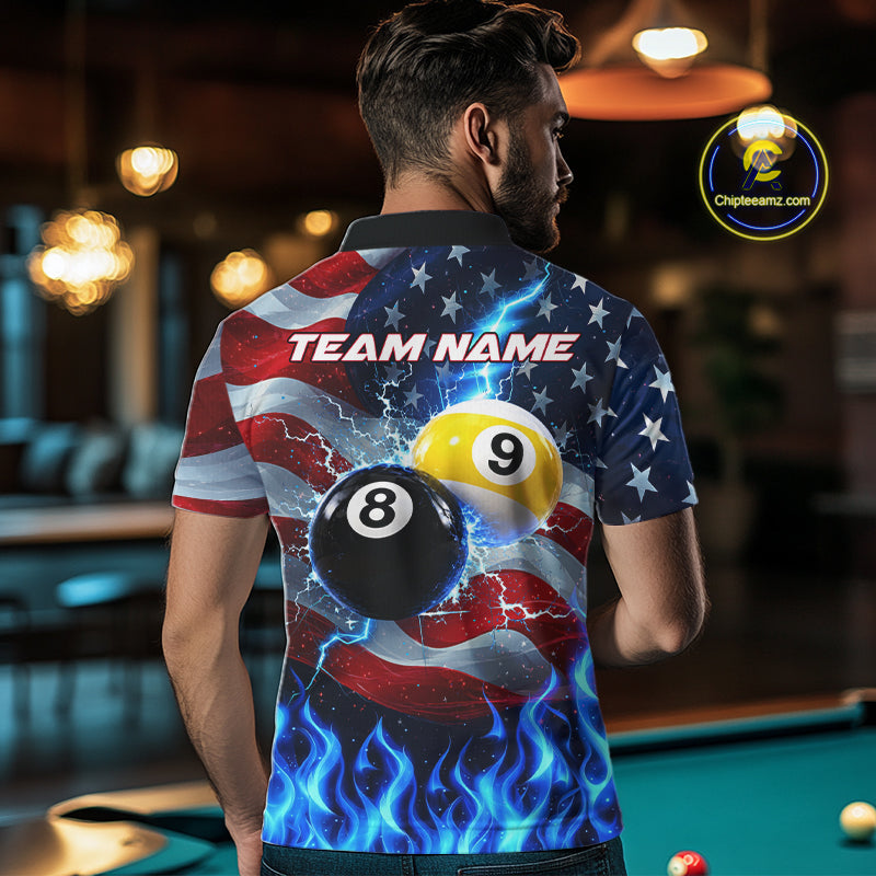Custom 8 Ball 9 Ball Pool Billiards Polo 1/4-Zip Shirt Blue Flames Thunder US Flag Billiard Jersey