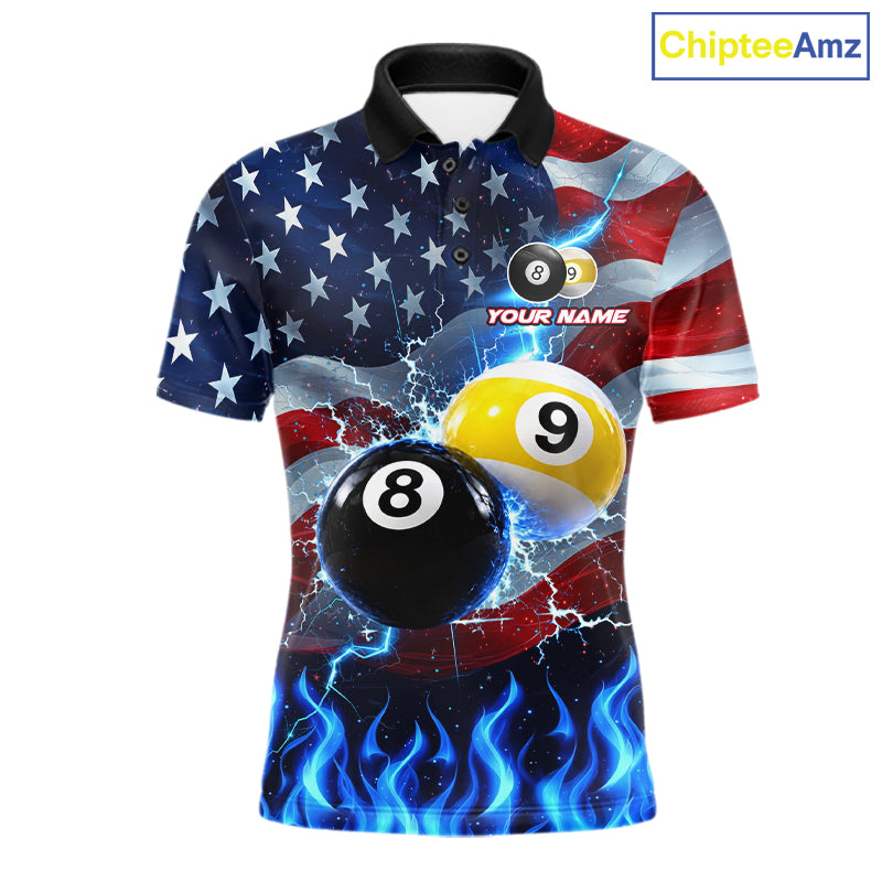 Custom 8 Ball 9 Ball Pool Billiards Polo 1/4-Zip Shirt Blue Flames Thunder US Flag Billiard Jersey