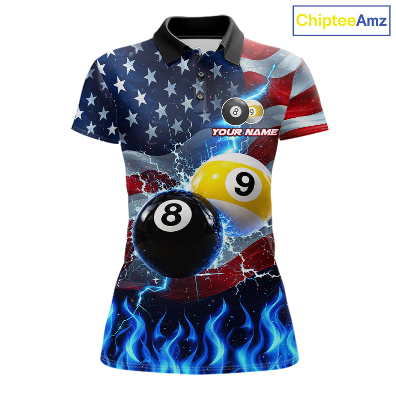 Custom 8 Ball 9 Ball Pool Billiards Polo 1/4-Zip Shirt Blue Flames Thunder US Flag Billiard Jersey