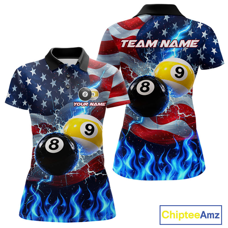 Custom 8 Ball 9 Ball Pool Billiards Polo 1/4-Zip Shirt Blue Flames Thunder US Flag Billiard Jersey