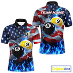 Custom 8 Ball 9 Ball Pool Billiards Polo 1/4-Zip Shirt Blue Flames Thunder US Flag Billiard Jersey