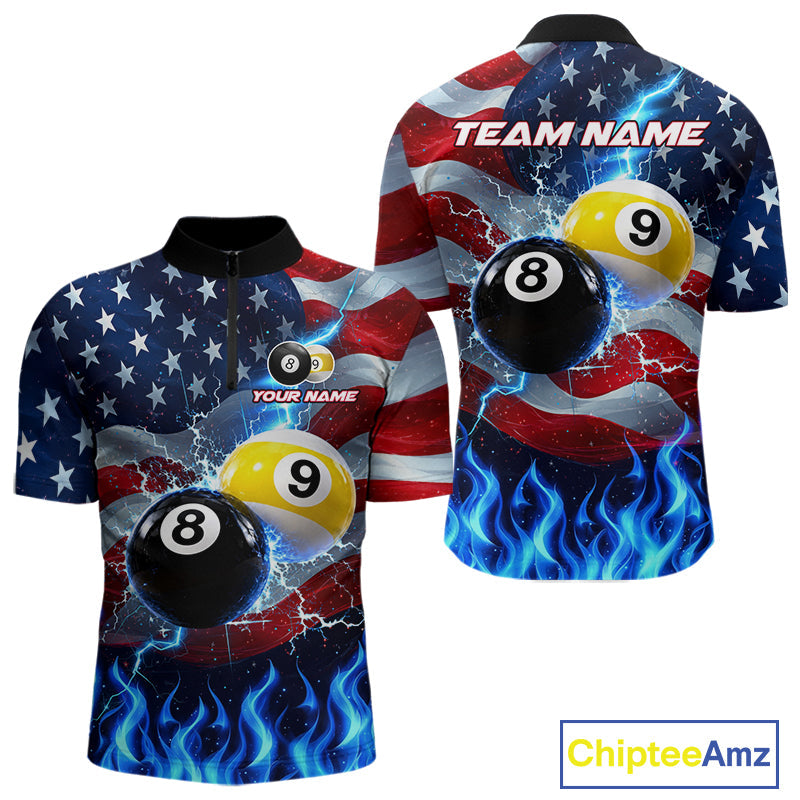 Custom 8 Ball 9 Ball Pool Billiards Polo 1/4-Zip Shirt Blue Flames Thunder US Flag Billiard Jersey