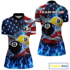 Custom 8 Ball 9 Ball Pool Billiards Polo 1/4-Zip Shirt Blue Flames Thunder US Flag Billiard Jersey