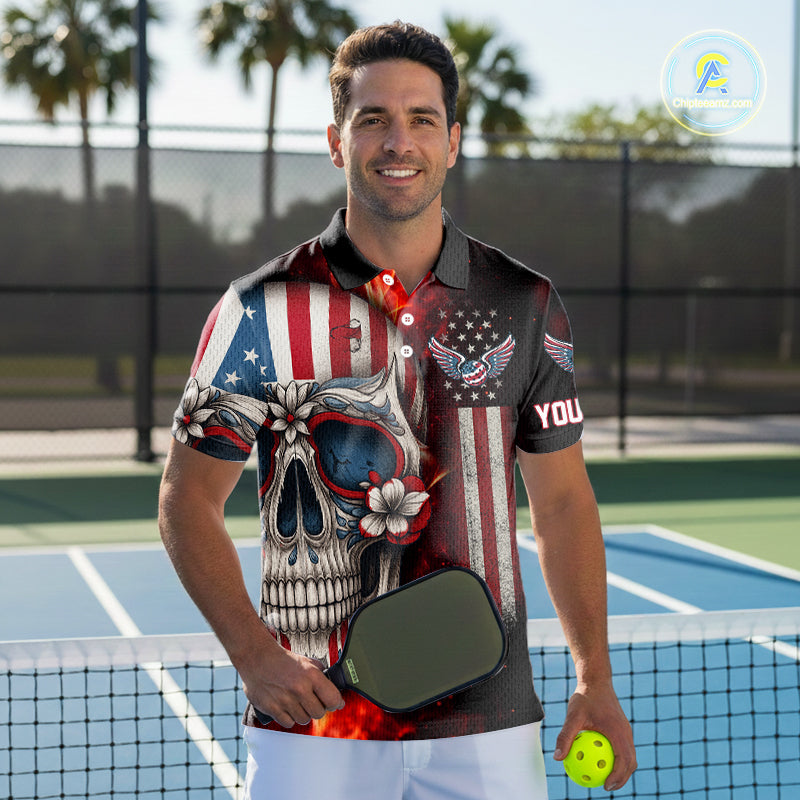 Custom Sugar Skull Red Flaming Pickleball League Jerseys Pickleball US Flag Team Shirts