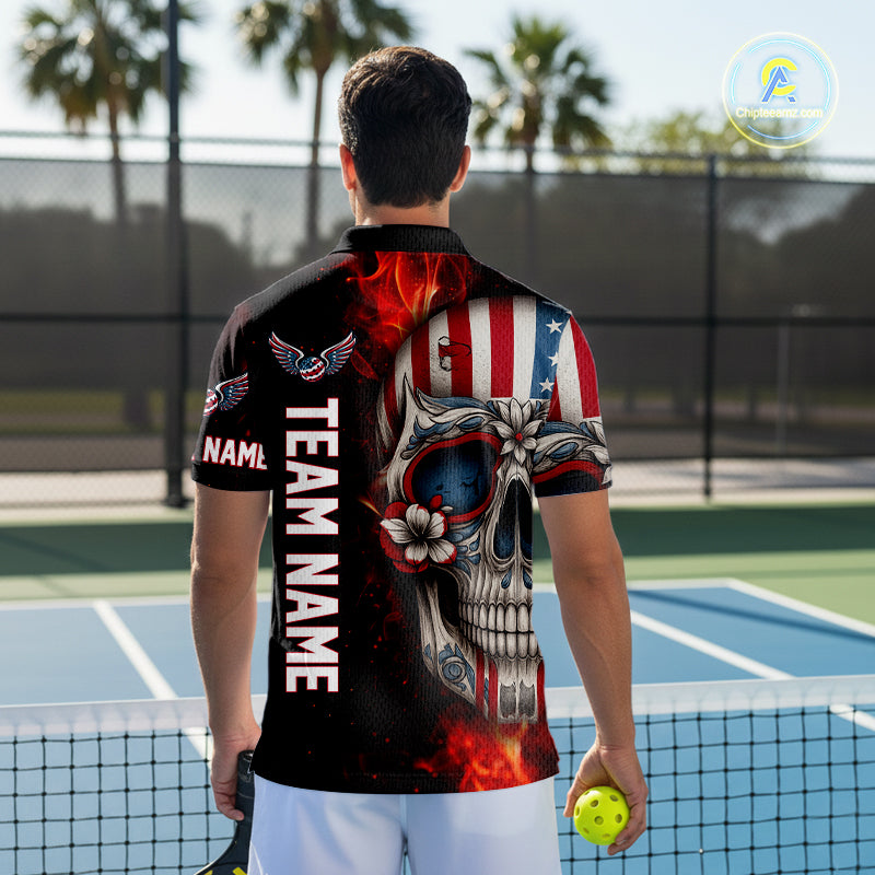 Custom Sugar Skull Red Flaming Pickleball League Jerseys Pickleball US Flag Team Shirts