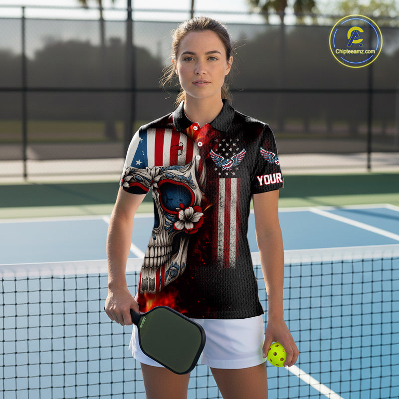 Custom Sugar Skull Red Flaming Pickleball League Jerseys Pickleball US Flag Team Shirts
