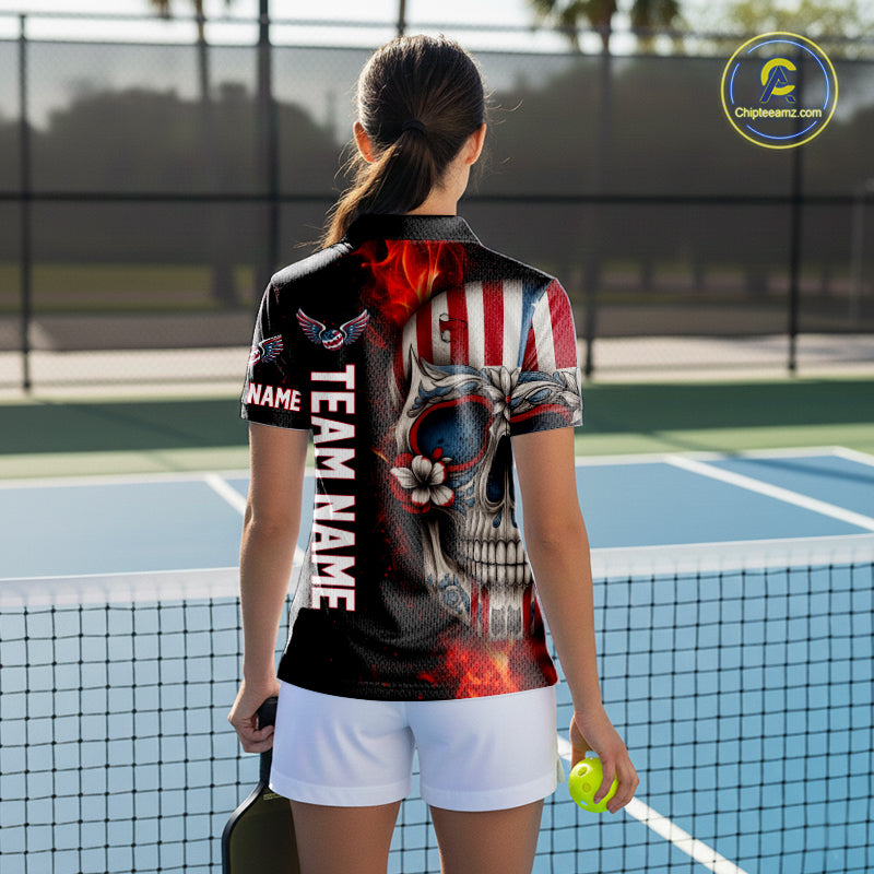 Custom Sugar Skull Red Flaming Pickleball League Jerseys Pickleball US Flag Team Shirts