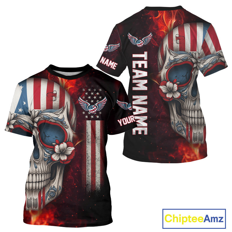 Custom Sugar Skull Red Flaming Pickleball League Jerseys Pickleball US Flag Team Shirts