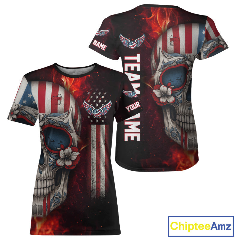 Custom Sugar Skull Red Flaming Pickleball League Jerseys Pickleball US Flag Team Shirts