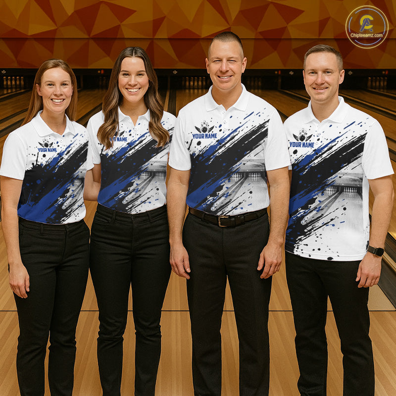 Black And Blue Splatter Paint Bowling Ball & Pins Shirts Custom Team Bowling Attire