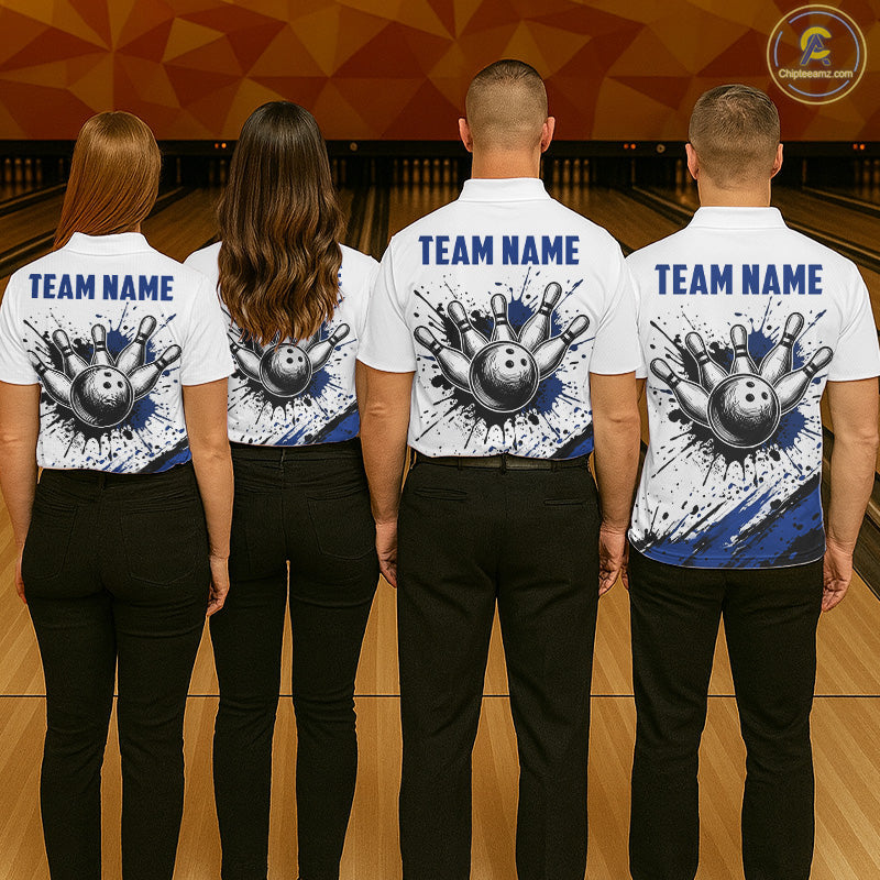 Black And Blue Splatter Paint Bowling Ball & Pins Shirts Custom Team Bowling Attire