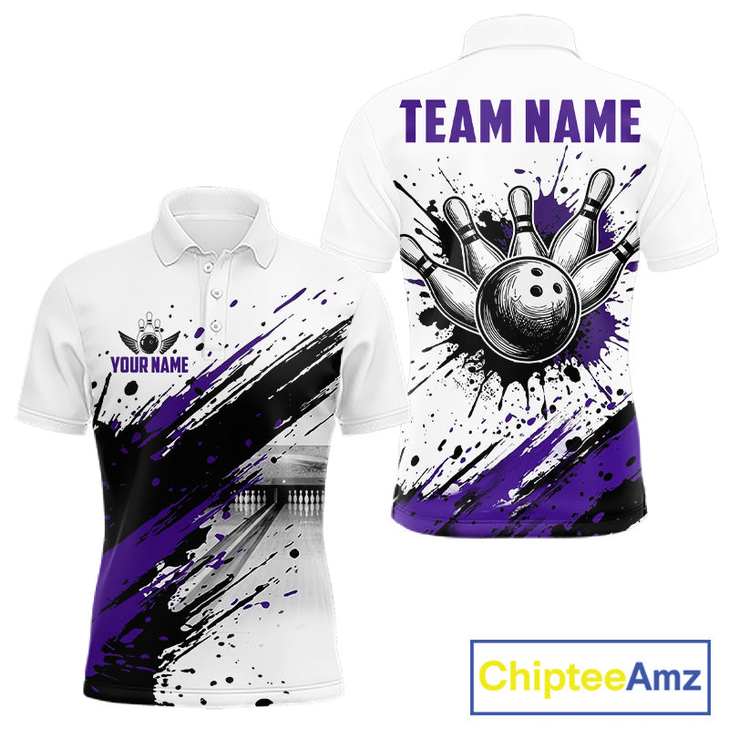 Black And Purple Splatter Paint Bowling Ball & Pins Shirts Custom Team Bowling Attire