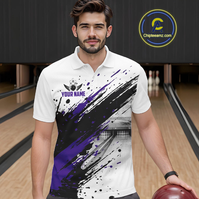 Black And Purple Splatter Paint Bowling Ball & Pins Shirts Custom Team Bowling Attire