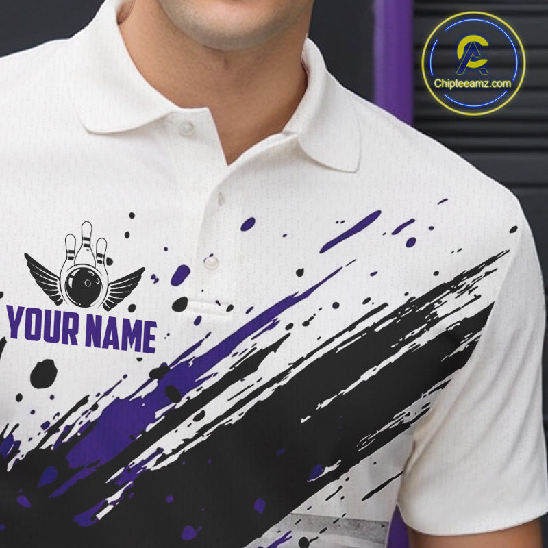 Black And Purple Splatter Paint Bowling Ball & Pins Shirts Custom Team Bowling Attire