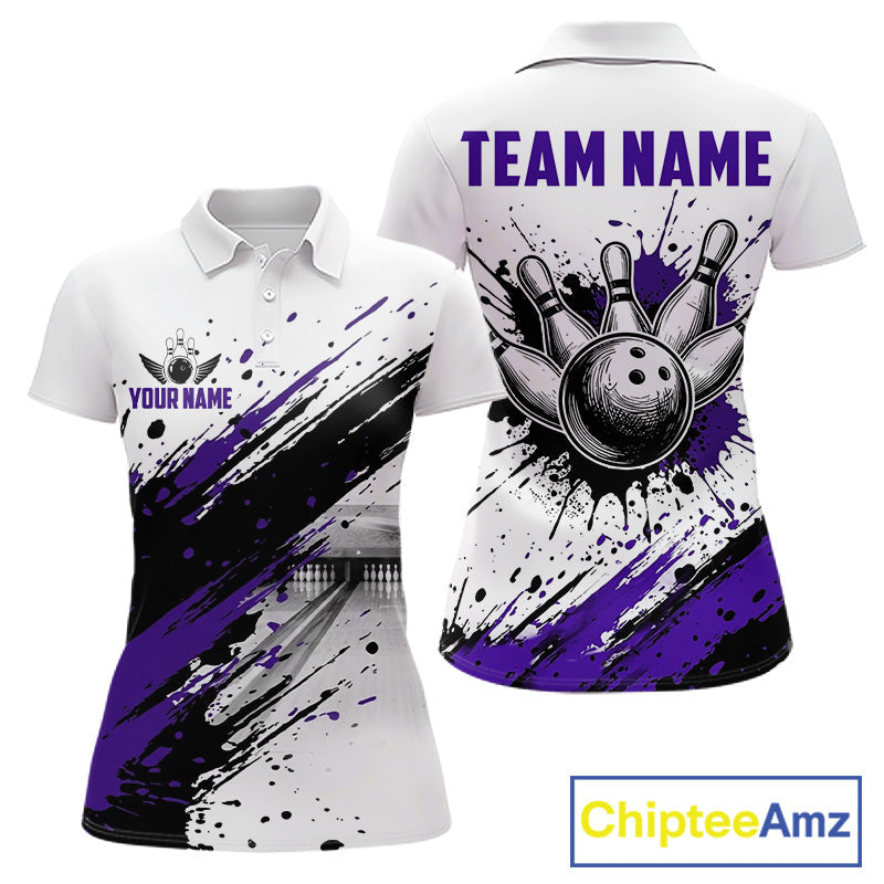 Black And Purple Splatter Paint Bowling Ball & Pins Shirts Custom Team Bowling Attire