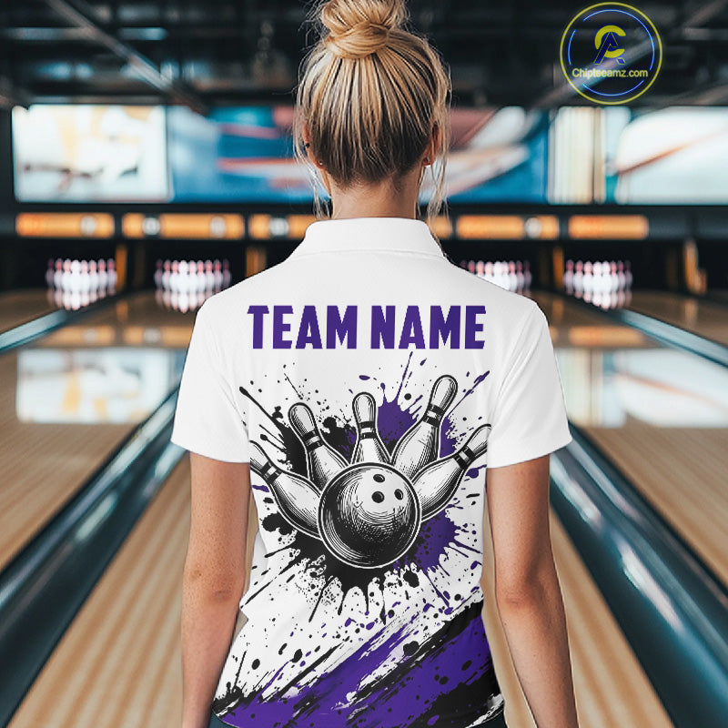 Black And Purple Splatter Paint Bowling Ball & Pins Shirts Custom Team Bowling Attire