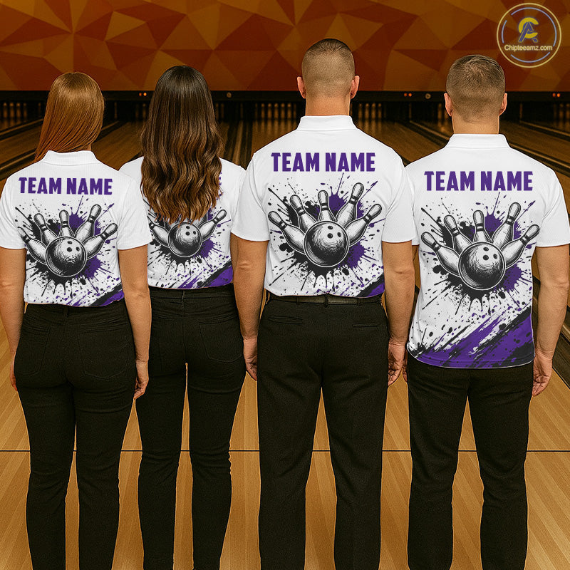 Black And Purple Splatter Paint Bowling Ball & Pins Shirts Custom Team Bowling Attire