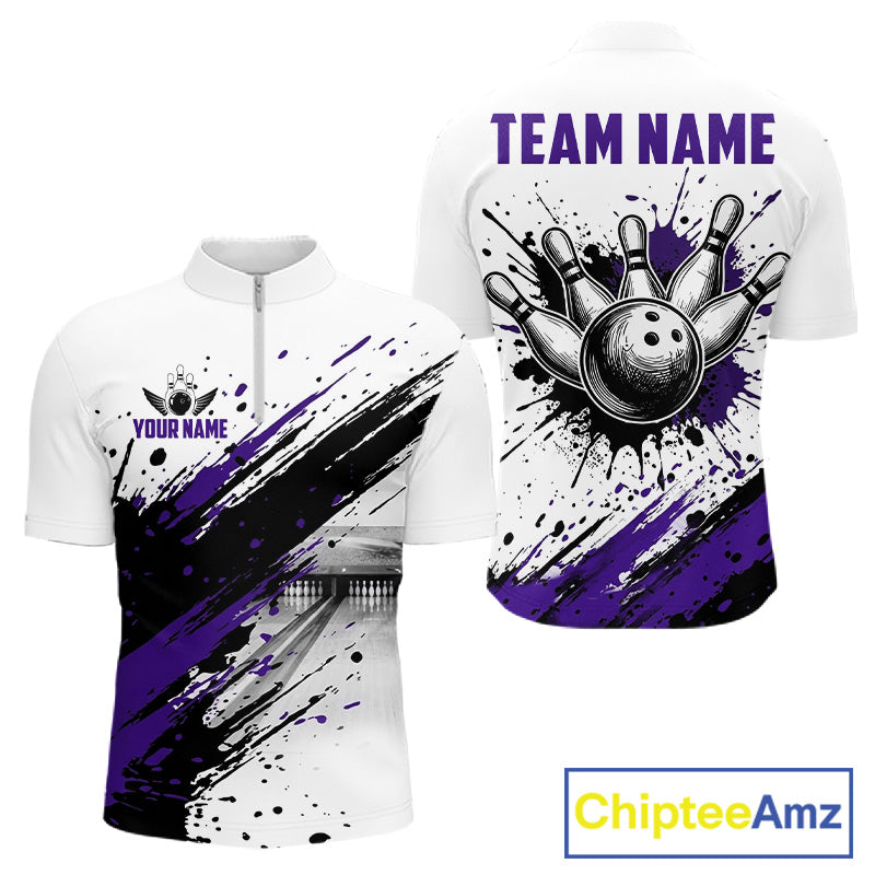 Black And Purple Splatter Paint Bowling Ball & Pins Shirts Custom Team Bowling Attire
