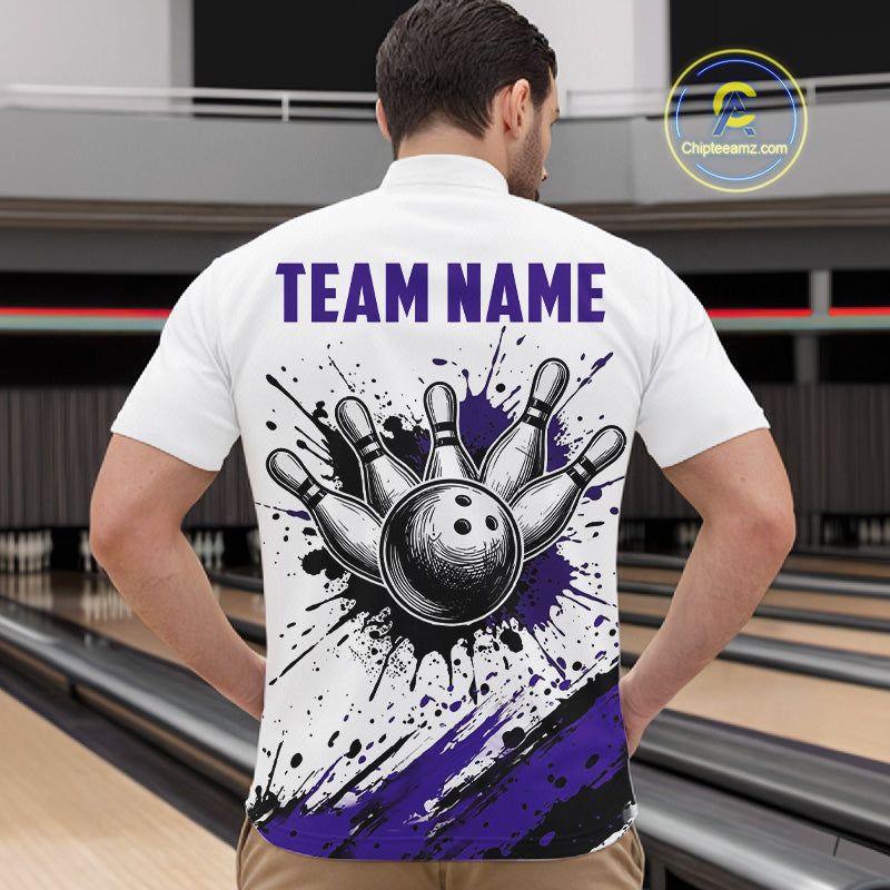 Black And Purple Splatter Paint Bowling Ball & Pins Shirts Custom Team Bowling Attire