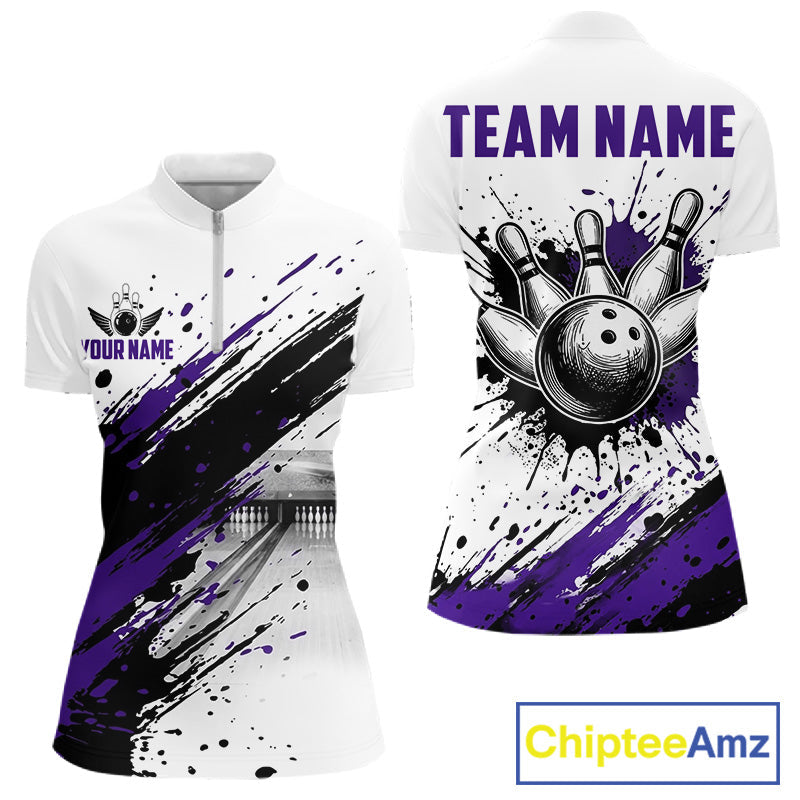 Black And Purple Splatter Paint Bowling Ball & Pins Shirts Custom Team Bowling Attire