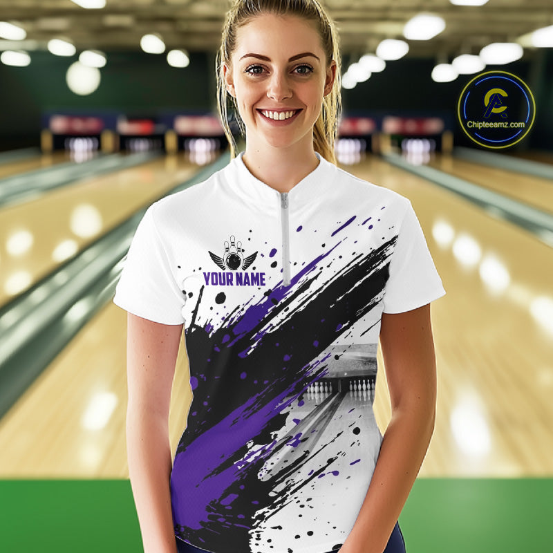 Black And Purple Splatter Paint Bowling Ball & Pins Shirts Custom Team Bowling Attire