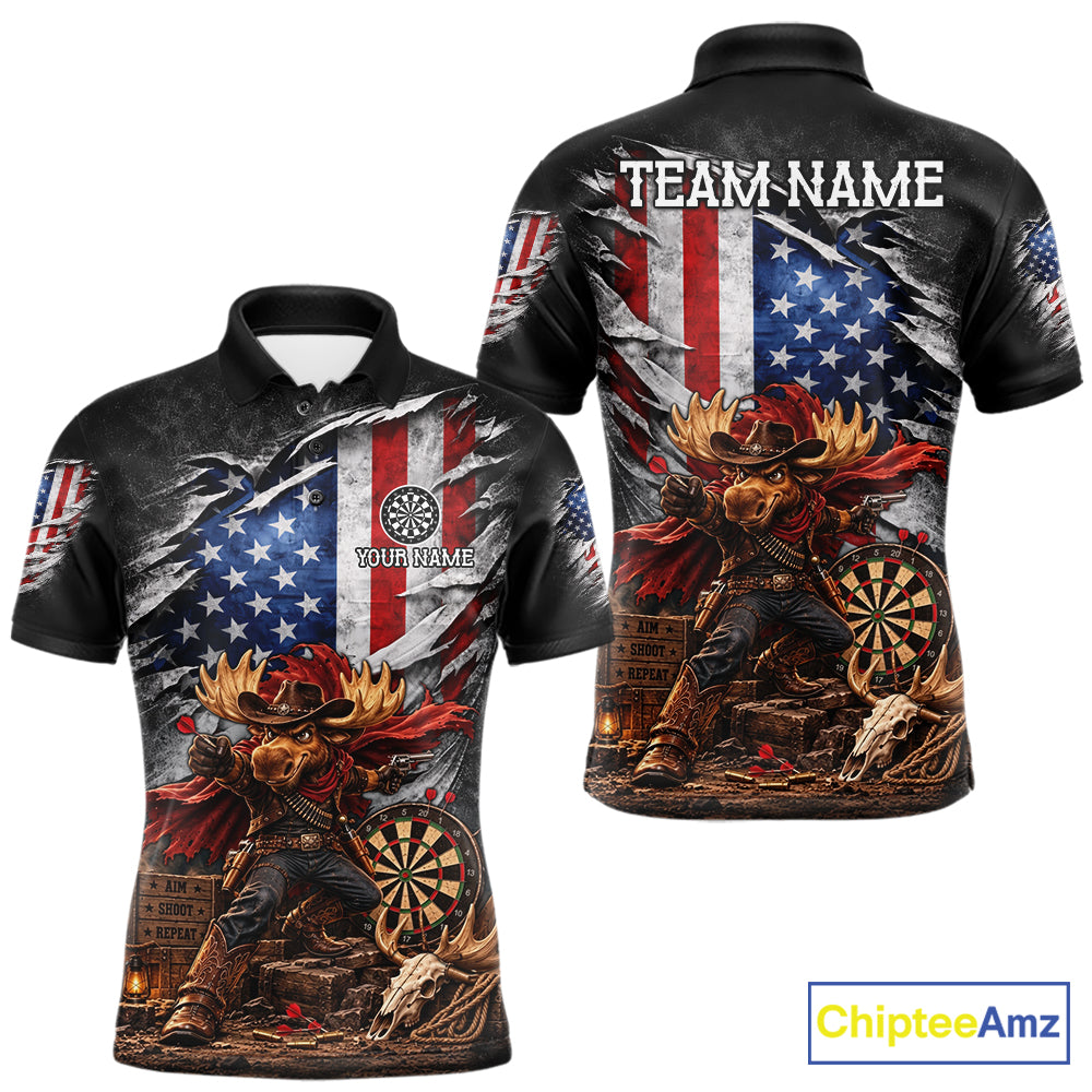 Cowboy Deer Funny Darts Polo 1/4-Zip Shirt Custom US Flag Patriotic Darts Team Name Jersey