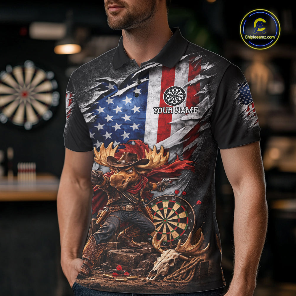 Cowboy Deer Funny Darts Polo 1/4-Zip Shirt Custom US Flag Patriotic Darts Team Name Jersey