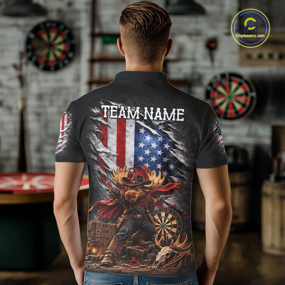 Cowboy Deer Funny Darts Polo 1/4-Zip Shirt Custom US Flag Patriotic Darts Team Name Jersey