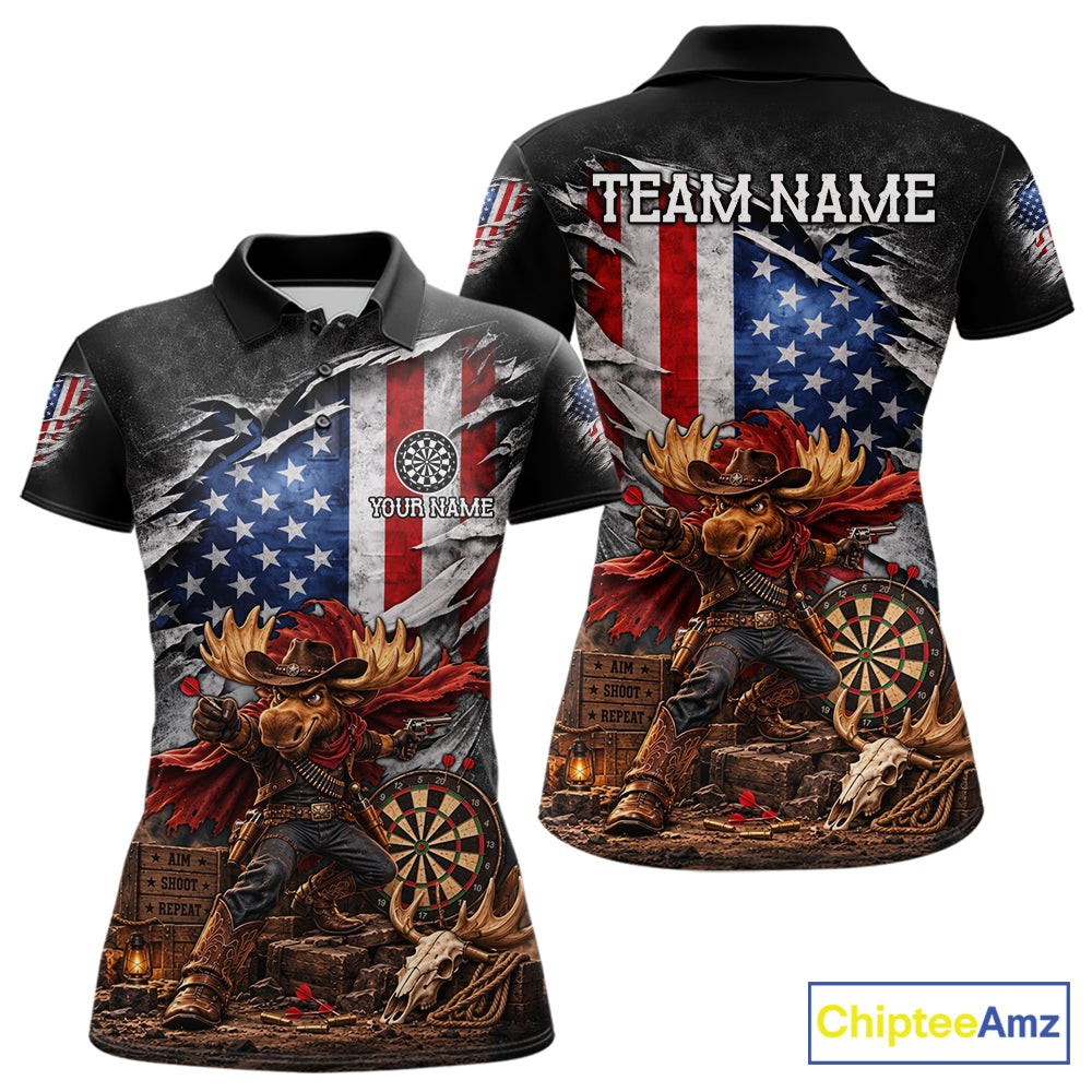 Cowboy Deer Funny Darts Polo 1/4-Zip Shirt Custom US Flag Patriotic Darts Team Name Jersey