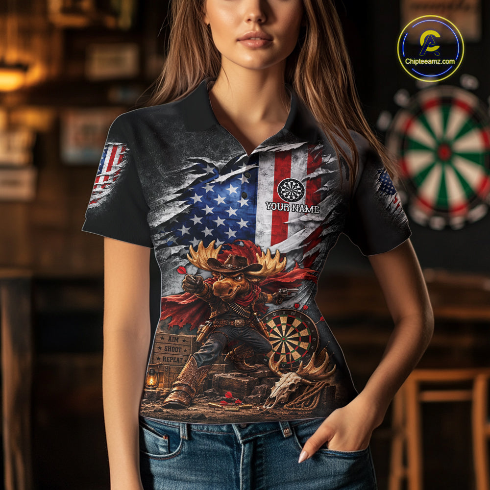 Cowboy Deer Funny Darts Polo 1/4-Zip Shirt Custom US Flag Patriotic Darts Team Name Jersey