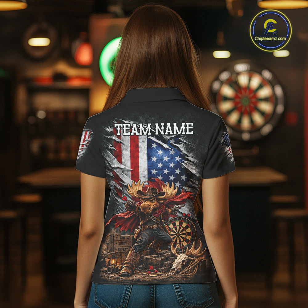 Cowboy Deer Funny Darts Polo 1/4-Zip Shirt Custom US Flag Patriotic Darts Team Name Jersey