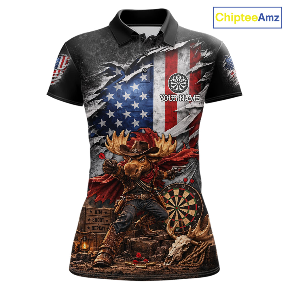 Cowboy Deer Funny Darts Polo 1/4-Zip Shirt Custom US Flag Patriotic Darts Team Name Jersey