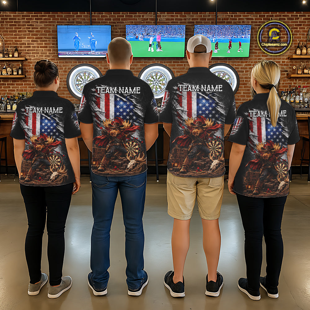 Cowboy Deer Funny Darts Polo 1/4-Zip Shirt Custom US Flag Patriotic Darts Team Name Jersey
